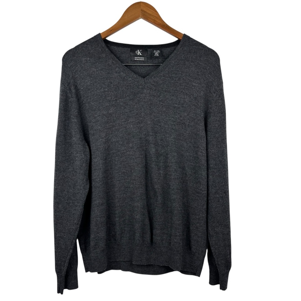 Calvin Klein Dark Grey Extra Fine 100% Merino Wool Long Sleeve V-Neck Sweater XL
